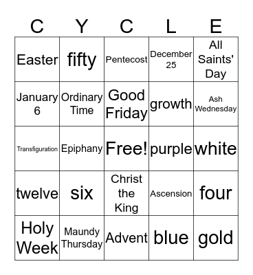 The Liturgical Year Bingo Card