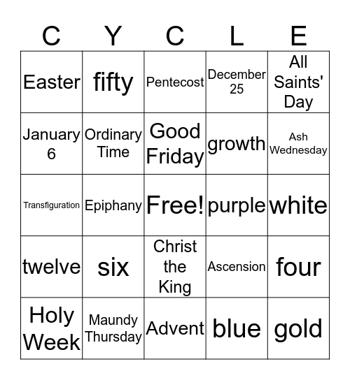 The Liturgical Year Bingo Card