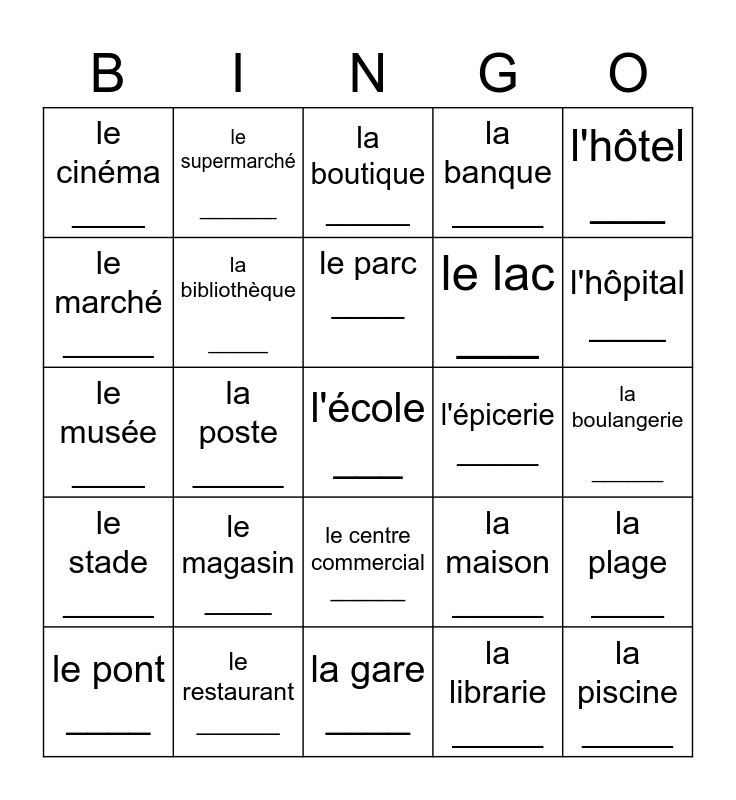 La Ville - Listening Quiz Bingo Card