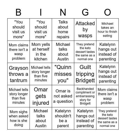 Bridgett's Extended Family Bingo Card