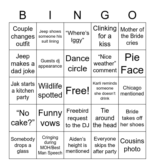 Karli and Jak’s Wedding Bingo Card