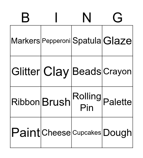 Allison's Cooking & Craft Party Bingo Card