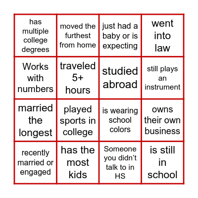 10 Year Reunion Bingo Card