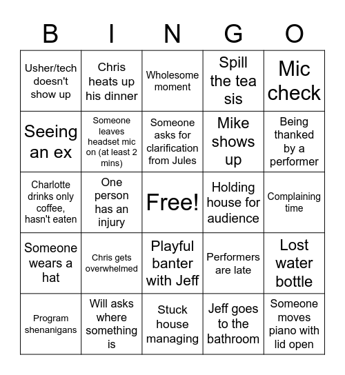 Stage Manager Bingo Card
