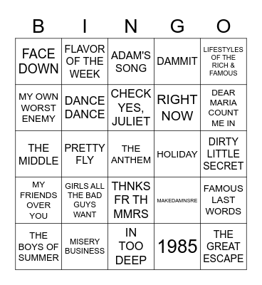 POP PUNK Bingo Card