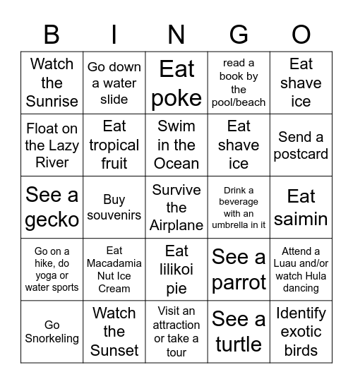 Hawaiian Vacation Bingo Card