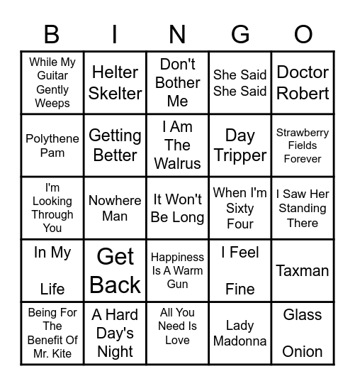 BEATLEMANIA Bingo Card