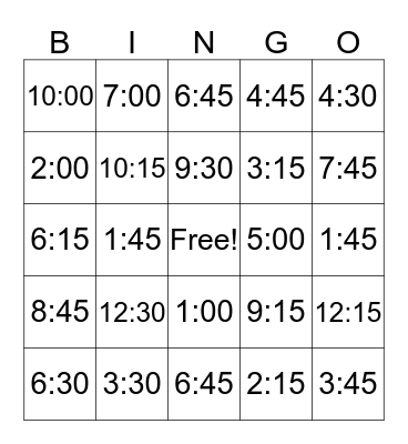 Let's Tell Time Bingo Card
