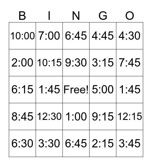 Let's Tell Time Bingo Card