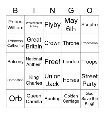 Coronation Bingo. Bingo Card