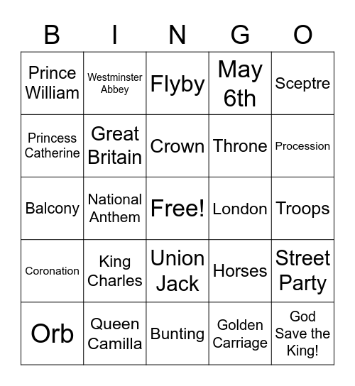Coronation Bingo. Bingo Card