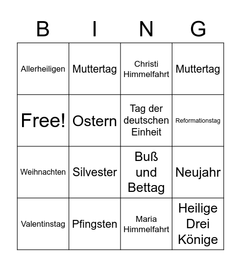 Feiertage Bingo Card