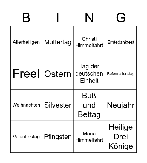 Feiertage Bingo Card