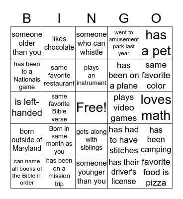 2016 Winter Retreat Icebreaker Bingo Card