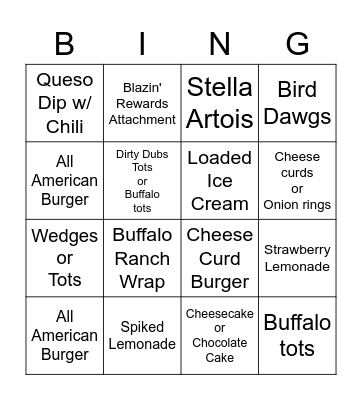 Buffalo Wild Wings Bingo Card