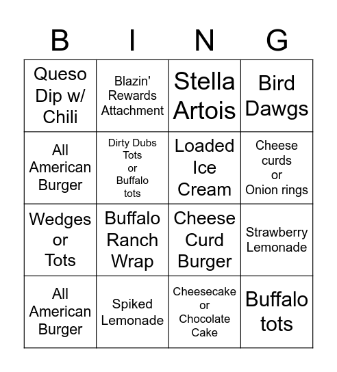 Buffalo Wild Wings Bingo Card