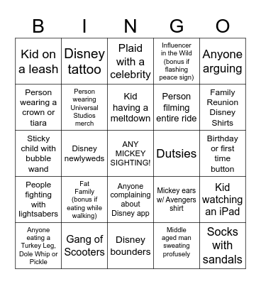 Disneyland/California Adventure Bingo Card