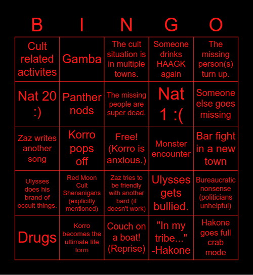 Rise of the Red Moon Episode 3 Bingo Card