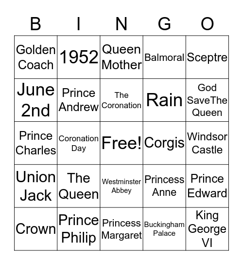 Royalty Bingo Card