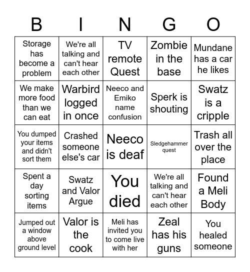 Merc Zomboid Bingo Card