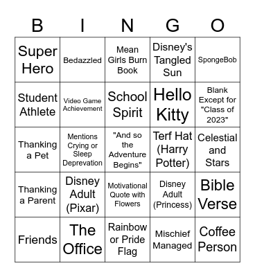 Graduation Cap Bingo Card