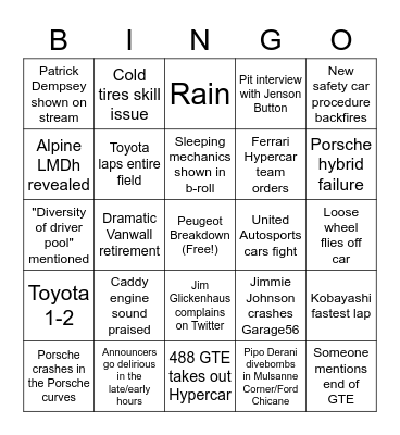 Le Mans Centenary Bingo Card