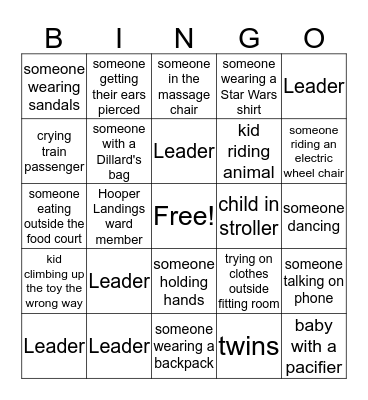 Eastgate Ward Mall Bingo Card