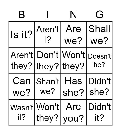 Question tags Bingo Card