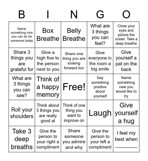 Mindfulness Bingo Card