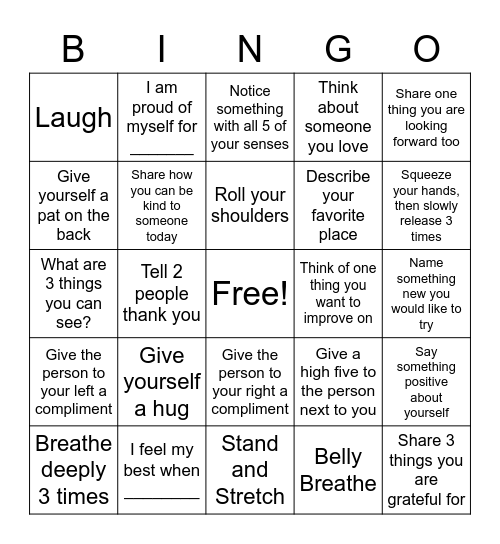 Mindfulness Bingo Card