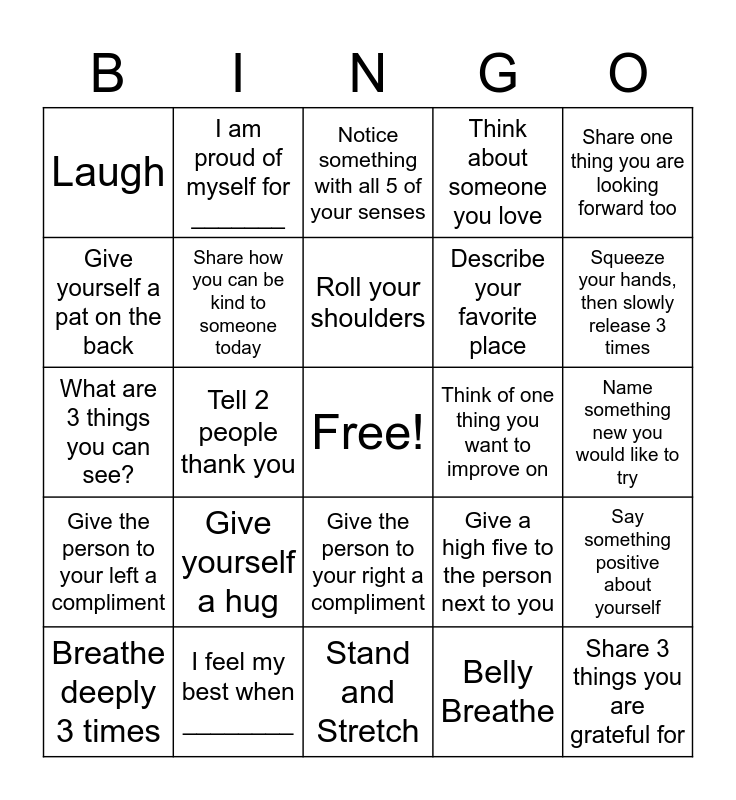 Mindfulness Bingo Card