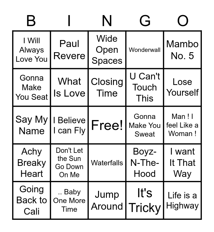 90s Music Bingo Card