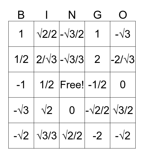 Unit Circle Bingo Card