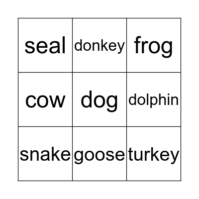 Animal Bingo Card