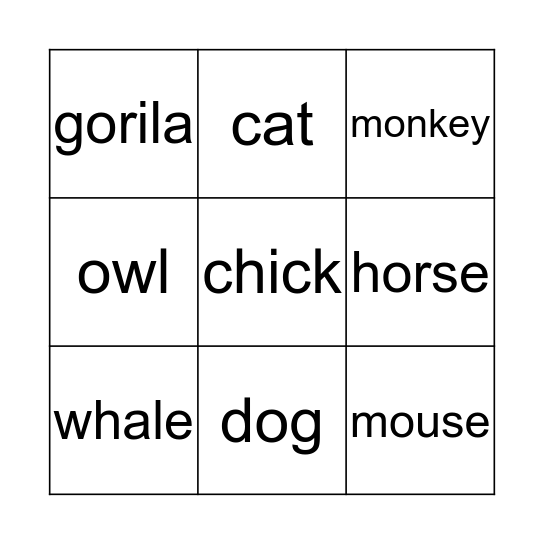 Animal Bingo Card