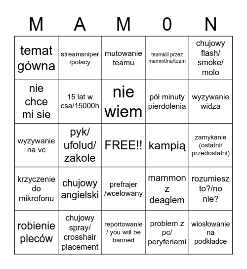 mammonskie bingo w cs Bingo Card