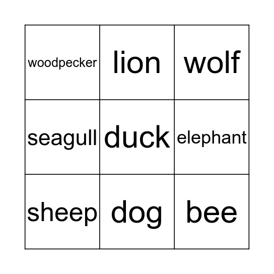 Animal Bingo Card