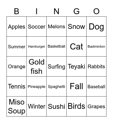 Favourite Things Bingo Card