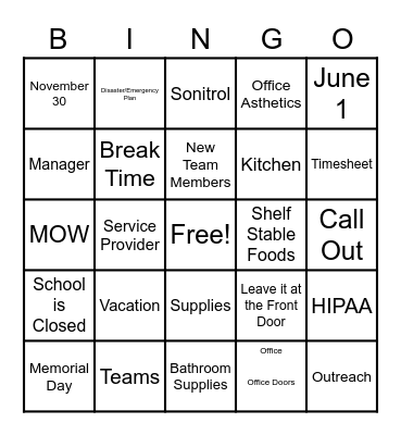 Staff Training May 1, 2023 Bingo Card