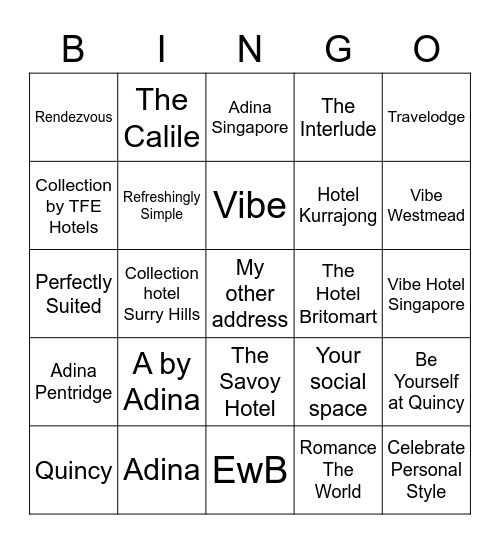TFE Hotels Bingo Card