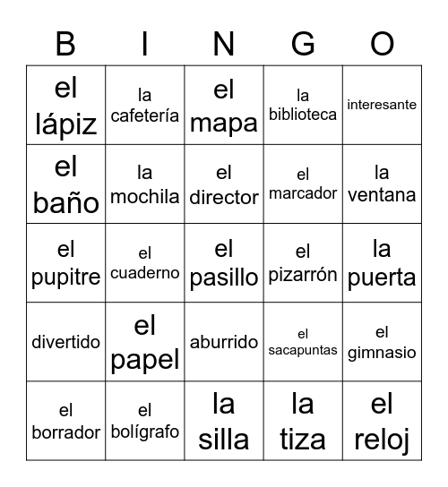 En la escuela Bingo Card