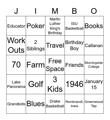 Happy 70th Birthday Bingo Card