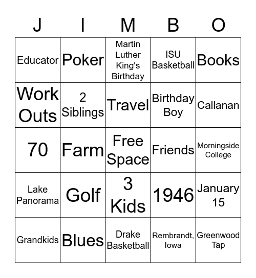 Happy 70th Birthday Bingo Card