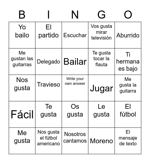 Espanól Bingo Card