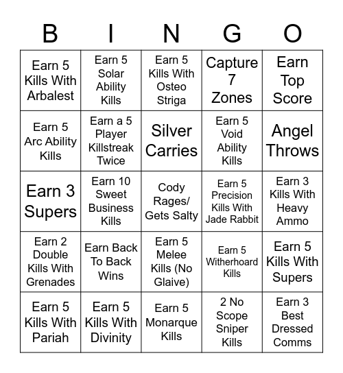Iron Banner Bingo Card
