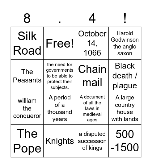 History Recap Bingo Card