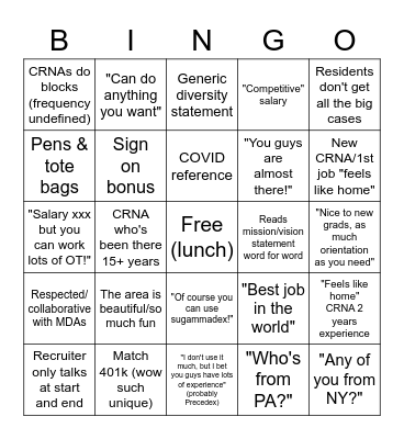 CRNA Recruiter Bingo Card