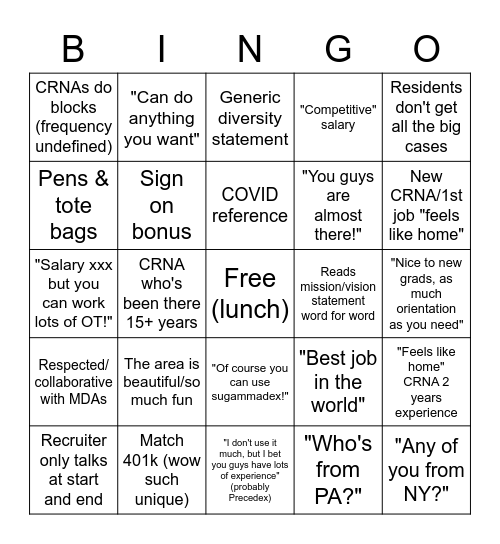 CRNA Recruiter Bingo Card