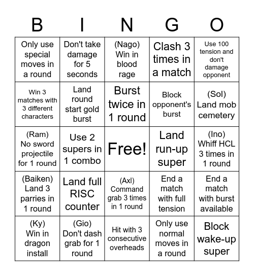 Guilty Gear Strive Bingo Card