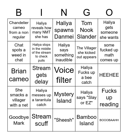 ACNH Haliya Bingo Card